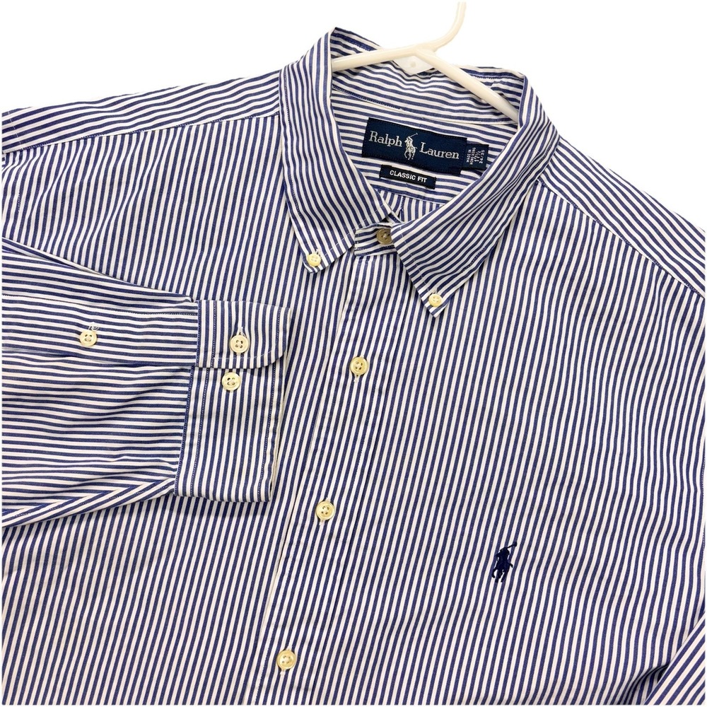 Vintage Ralph Lauren Shirt Mens 17.5 XL Classic Fit Blue Striped Button Down